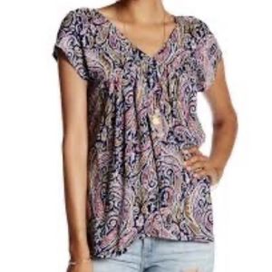 Lucky Brand Top Paisley V-Neck Cap Sleeve Tee Pleated Gathered Boho Blue Pink M